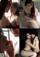 A collage of photos of a woman with a red ball in her mouth.